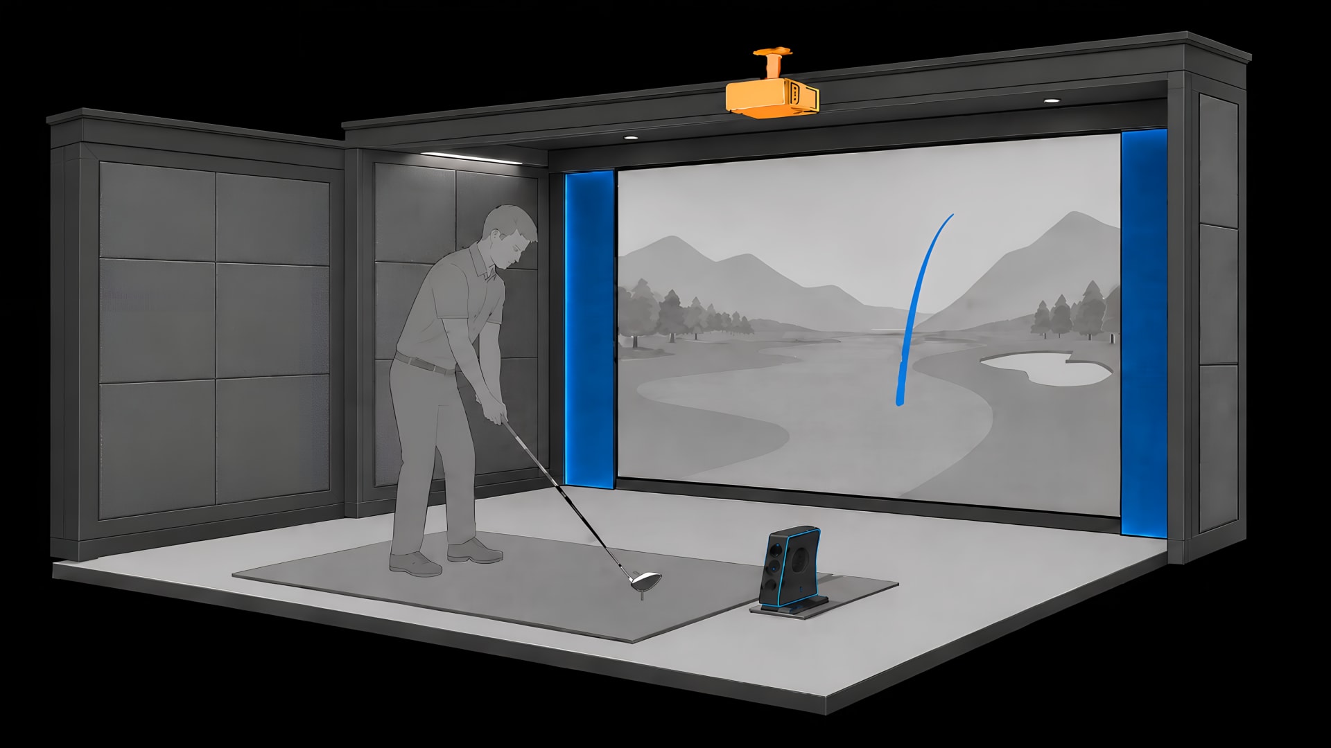 Custom golf simulator room during installation